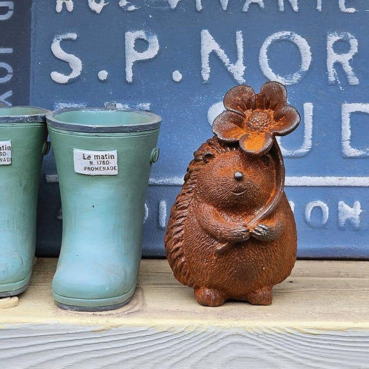 Rust Iron Hedgehog Garden Statue, 3.9 Inch High Cute Animal Garden Figurines for Patio Yard Lawn Outdoor Decor(Rust, White Color) (Rust-Flower)