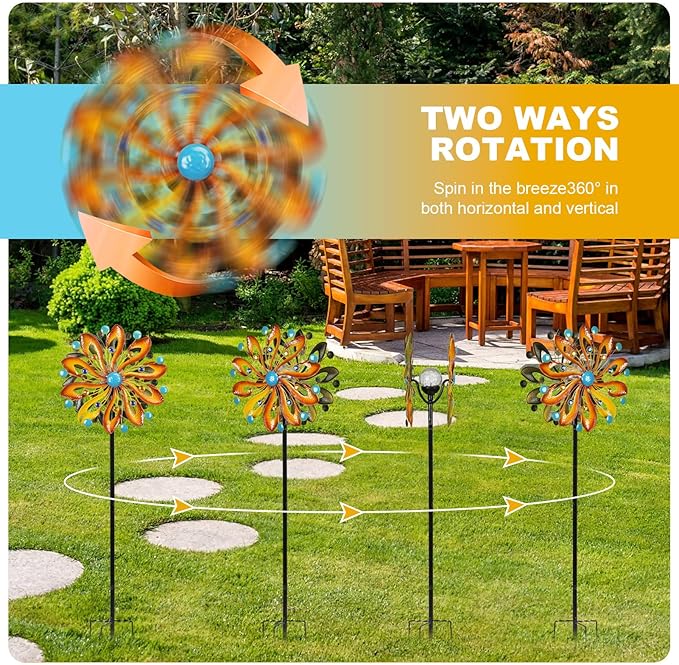 MLKNK Wind Spinners for Yard and Garden - Wind Sculptures & Spinners 75 in Garden Kinetic Art with Solar Powered Multi-Color Glass Ball Light - Gradient Brown