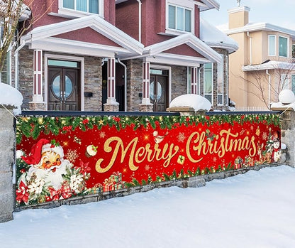 Christmas Yard Decorations Red Merry Christmas Banner Hanging Yard Sign Xmas Santa Claus Snowman Reindeer Home Wall Decor for Garden Outdoor Indoor Birthday Holiday Party Supplies 118 X 23 Inches