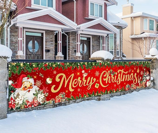 Christmas Yard Decorations Red Merry Christmas Banner Hanging Yard Sign Xmas Santa Claus Snowman Reindeer Home Wall Decor for Garden Outdoor Indoor Birthday Holiday Party Supplies 118 X 23 Inches