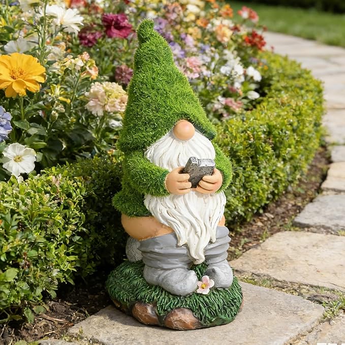 Mischeievous Garden Gnome Statues Solar Lighting - Resin Forest Guardian with Moss Hat&Warm Light Solar Lantern，Funny Outdoor Yard Statue Decor for Patio, Lawn, Fairy Garden Gift