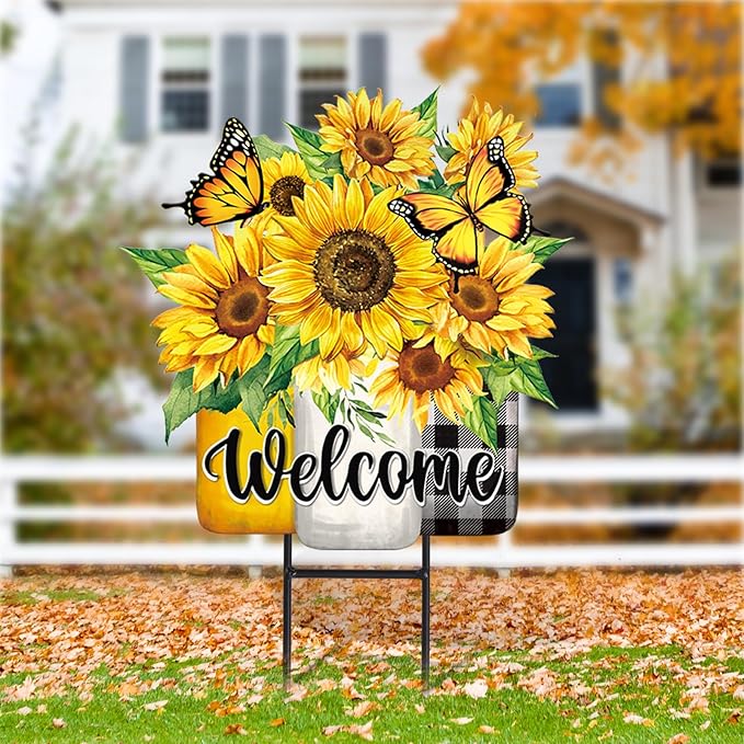 JarThenaAMCS Summer Sunflower Metal Garden Stakes Flower Welcome Yard Sign Watercolor Floral Vase Decorative Lawn Sign for Home Outside Lawn Porch Decor