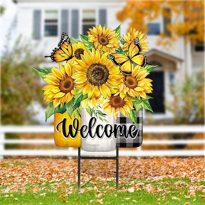 JarThenaAMCS Summer Sunflower Metal Garden Stakes Flower Welcome Yard Sign Watercolor Floral Vase Decorative Lawn Sign for Home Outside Lawn Porch Decor