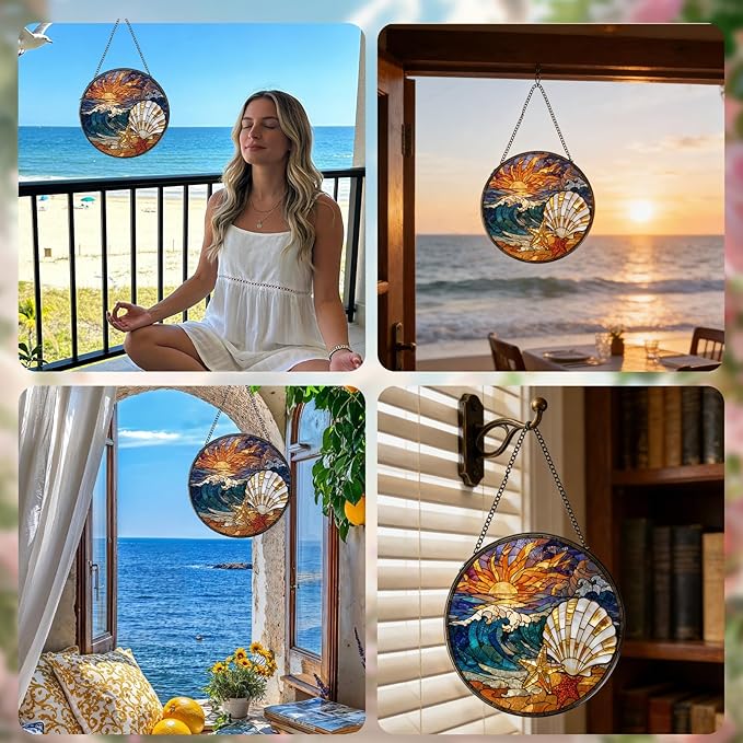 Rngmsi Beach Stained Glass Window Hanging, 7.8″ Shells Conch Sun Catchers with Hook Indoor Window Decor Gift, Decorative Sun Catchers Ornaments Home Garden Art for Housewarming