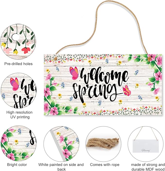 Hinnovy Welcome Spring Door Sign – Hanging Farmhouse Wall Decor for Porch, Kitchen, Living Room, Patio – Flower Indoor & Outdoor Holiday Decoration – House Warming Gifts New Home- 11.8" x 5.9"