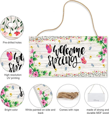 Hinnovy Welcome Spring Door Sign – Hanging Farmhouse Wall Decor for Porch, Kitchen, Living Room, Patio – Flower Indoor & Outdoor Holiday Decoration – House Warming Gifts New Home- 11.8" x 5.9"