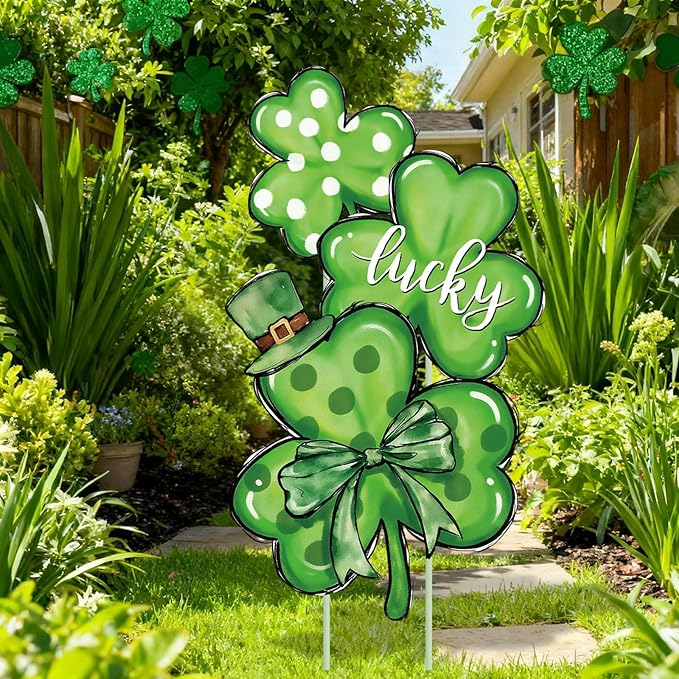 FYSUIMU St. Patrick' s Day Outdoor Decorations Shamrock Yard Stakes 31 Inch Irish Lucky Clover Yard Sign for Home Garden Lawn Porch Patio Walkway Decor