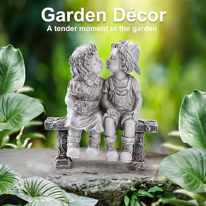 Lily's Home First Kiss Resin Garden Statue, Little Girl and Boy Kissing Yard Miniature Figurine,Small and Exquisite, 8 ¼ Inch