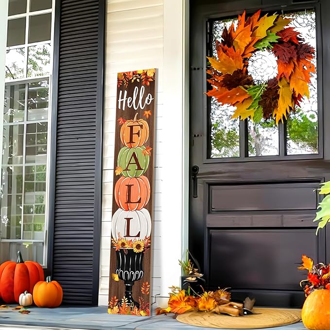 Fall Porch Sign, Hello Pumkpkin Sign for Front Porch, 3 Pumpkins Wooden Sign Yard, Vertical Wood Sign Standing for Patio Front Door Porch, Autumn Home Party Entryway Yard Wall Decor Indoor Outdoor, 47x8 inch