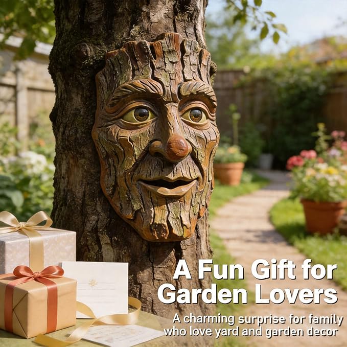 Whimsical Tree Face Outdoor Statues Garden Decoration, Old Man Resin Statue Outdoor Tree Hugger for Yard Art, Trees Decorations Outdoor Wallmounted Statue