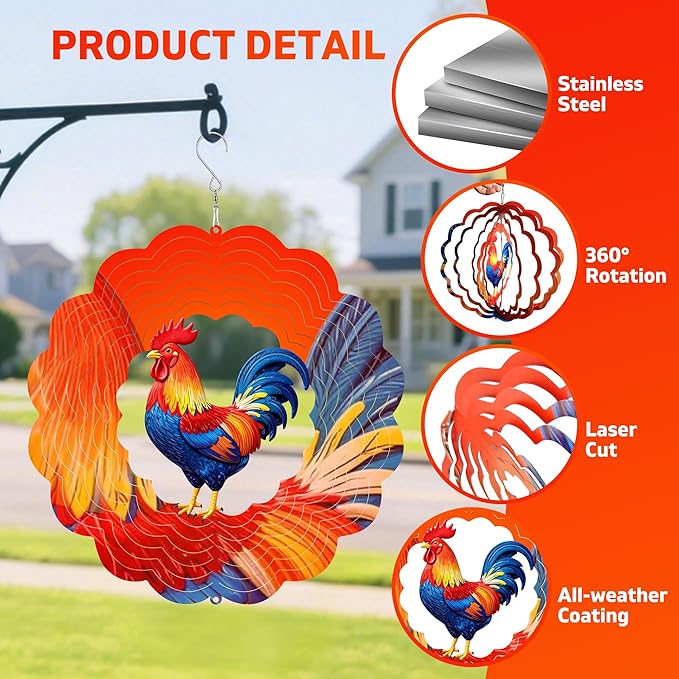 Rooster Metal Wind Spinner for Garden, Chicken Gifts for Women Men Mother Father, 12 Inch Hanging Wind Spinner for Outdoor & Indoor Decorations