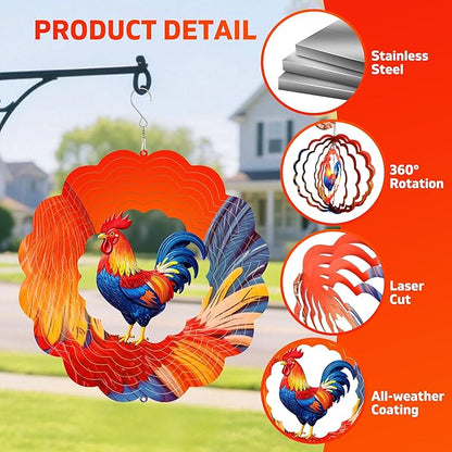 Rooster Metal Wind Spinner for Garden, Chicken Gifts for Women Men Mother Father, 12 Inch Hanging Wind Spinner for Outdoor & Indoor Decorations