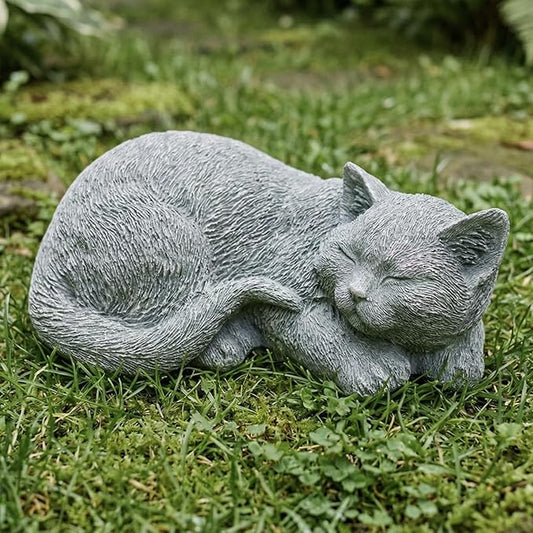 Stone Sleep Cat Statues Outdoor Decorative, Cat Memorial Statue for Yard Lawn Patio Porch, Garden Pet Grave Marker Figures, 9.44" L x 6.29" W x 4.33" H