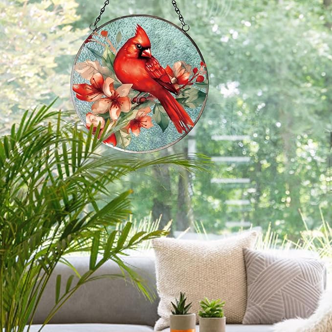 FONMY Cardinal Glass Suncatcher Window Hanging Decor., Red Cardinal Xmas Gifts for Women, Mom, Bird Lover,Red Bird Suncatchers for Windows,Home & Garden, Hand Painted Glass Christmas Ornament,(6inch)