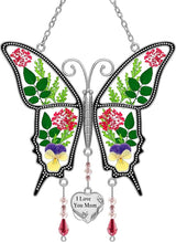 KY&BOSAM Butterfly Suncatcher I Love You Mom Stained Glass for Windows Hangings Wind Chimes with Pressed Flower and Metal Heart Charm for Mom Birthday Valentines Day Decor
