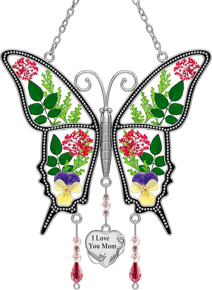 KY&BOSAM Butterfly Suncatcher I Love You Mom Stained Glass for Windows Hangings Wind Chimes with Pressed Flower and Metal Heart Charm for Mom Birthday Valentines Day Decor