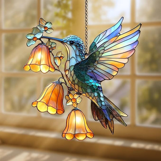 Hummingbird Flower Acrylic Suncatcher, Flower Suncatchers for Window Hangings, Stained Glass Effect Garden Decor, Gift for Mother's Day, Mom, Grandma, Wife, Women
