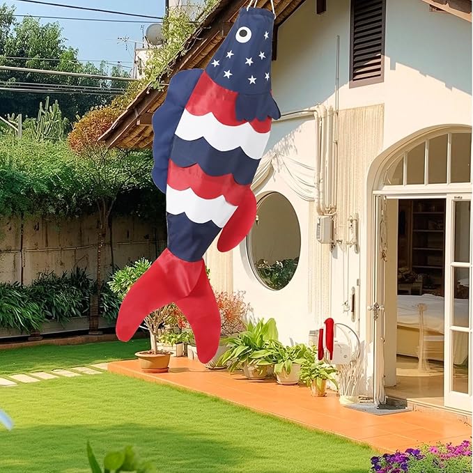 NOVWANG 40 Inch USA American Fish Windsock, Fish Windsock 4th of July Windsock Patriotic Wind Sock Outdoor Hanging Decoration for Garden Yard Balcony Boat Deck Dock Patio Decor