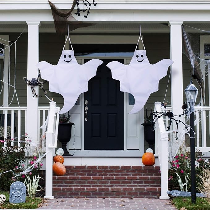 Skylety 4 Pcs 32 Inch Outdoor Halloween Ghost Decorations Tree Hanging Windsock White Flying Ghosts for Indoor Outdoor Tree Front Yard Porch Lawn Garden Pillar Party Decorations (Classic Style)