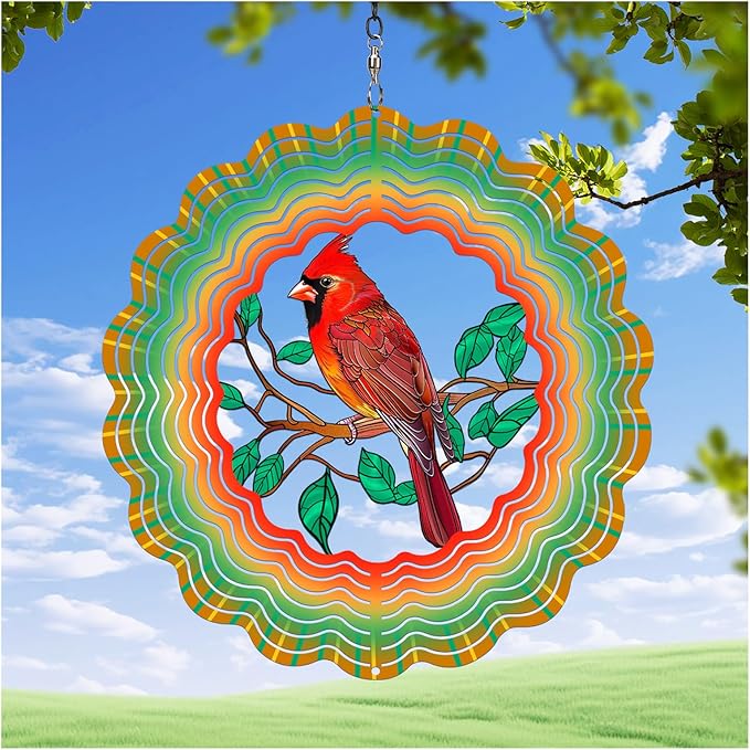 Cardinal Wind Spinners Garden Decor as Birthday Gifts for Women Mom,12 inch 3D Stainless Steel Hanging Wind Spinner Metal Catchers Kinetic Sculpture for Outdoor Decor, Patio,Yard Decorations
