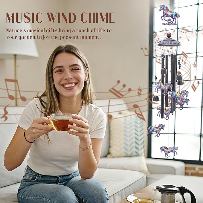 Horse Decor Wind Chimes - Metal Windchime Outdoors for Garden Backyard Patio Indoor Balcony Waterproof Hanging Decoration Birthday Gift for Animal Lover Women Men Mom Grandma Wife Friends