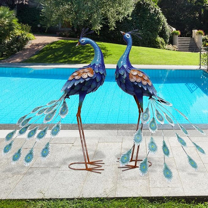 29 Inch Metal Peacock Decor, Outdoor Peacock Statues Yard Art, Garden Statues for Patio Yard Lawn Home Backyard Decorations, Set of 2