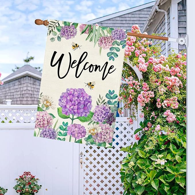 Baccessor Spring Hydrangea House Flag Double Sided 28x40 Inch, Purple Flower Floral Welcome House Flag Burlap Seasonal Farmhouse Yard Outdoor Decoration (Large)
