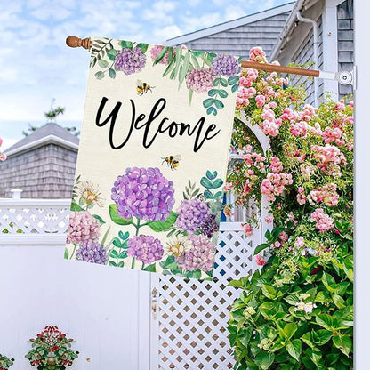 Baccessor Spring Hydrangea House Flag Double Sided 28x40 Inch, Purple Flower Floral Welcome House Flag Burlap Seasonal Farmhouse Yard Outdoor Decoration (Large)