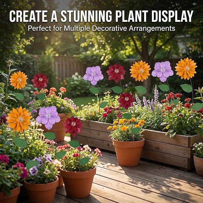 3 Pack Floral Garden Stake Decor, Glow in Dark Shaking Head Outdoor Plant Pick Water Proof Metal Flower Stick for Lawn Yard Patio Pathway Ornament