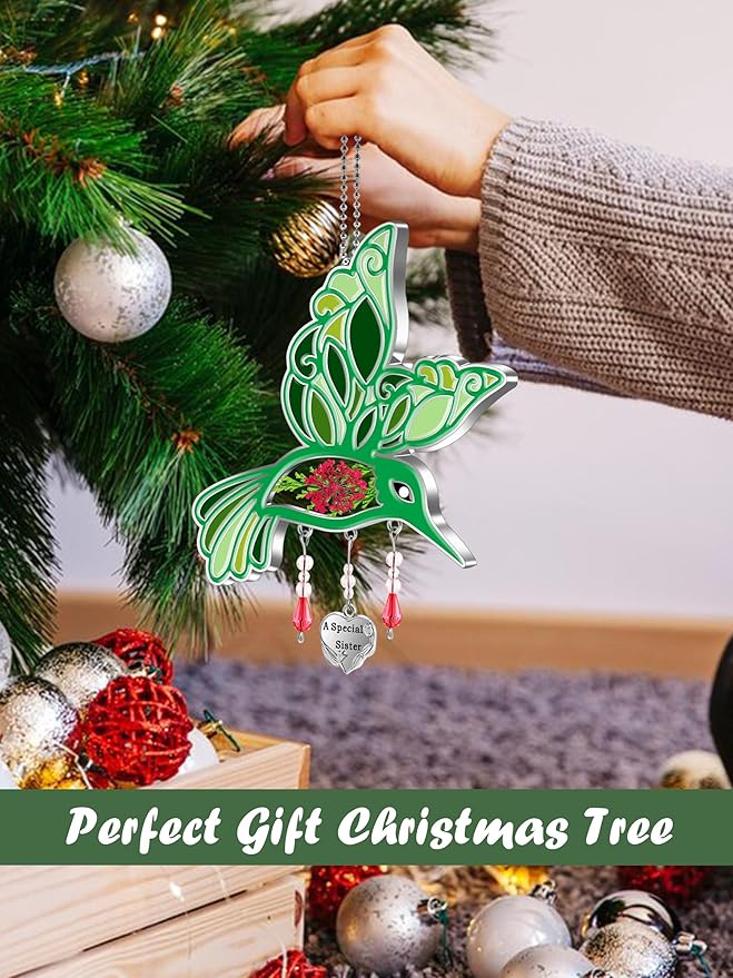KY&BOSAM Hummingbird Suncatcher A Special Sister Hangings Ornament Home Decor for Windows Wind Chime with Pressed Real Flower and Metal Heart Charm Birthday Gifts for Women Mothers Day Christmas