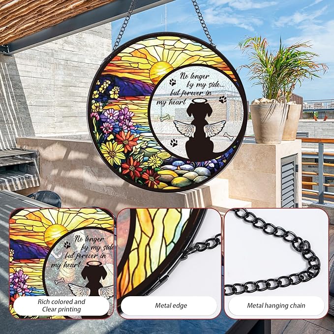 Dog Stained Glass Window Hanging, Animal Catchers Indoor Window Gifts for Loss of Dog Sympathy Remembrance, Angel Wings Pet Loss Bereavement Gift for Home Garden Doors Christmas