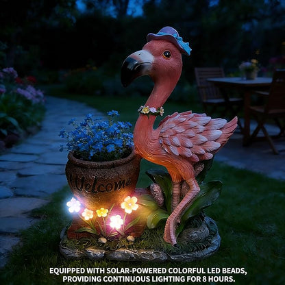 Flamingo Garden Statue Planter with Welcome Sign & Solar LED Light, Waterproof Outdoor Resin Yard Decor, Front Porch Ornament Housewarming Gift(Right Pink Flamingo)