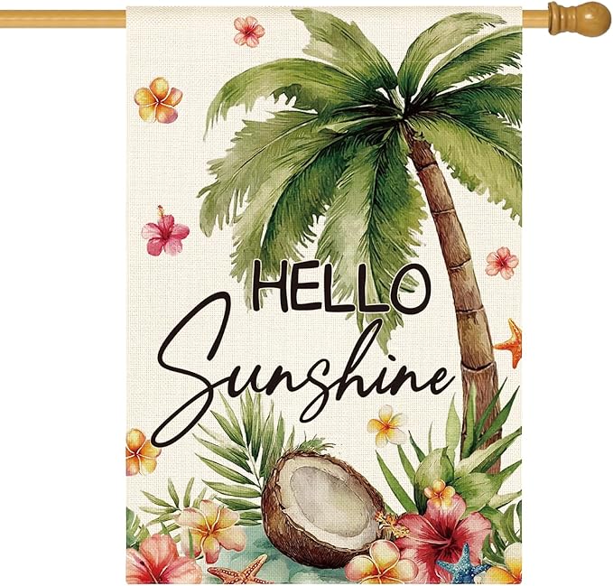 AVOIN colorlife Summer Tropical Palm Tree House Flag 28x40 Inch Double Sided Outside, Hello Sunshine Seasonal Burlap Yard Outdoor Decoration