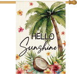AVOIN colorlife Summer Tropical Palm Tree House Flag 28x40 Inch Double Sided Outside, Hello Sunshine Seasonal Burlap Yard Outdoor Decoration