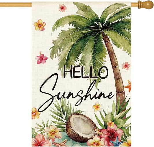AVOIN colorlife Summer Tropical Palm Tree House Flag 28x40 Inch Double Sided Outside, Hello Sunshine Seasonal Burlap Yard Outdoor Decoration