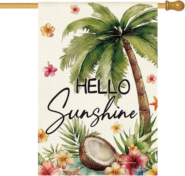 AVOIN colorlife Summer Tropical Palm Tree House Flag 28x40 Inch Double Sided Outside, Hello Sunshine Seasonal Burlap Yard Outdoor Decoration
