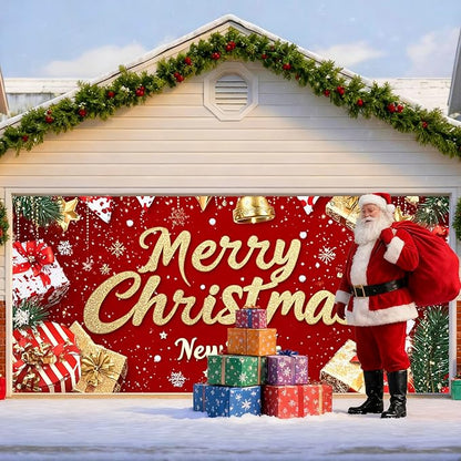 IVN Christmas Garage Door Cover Decoration 13x6ft Red Glitter Wrapped Gifts Golden Bells Snowflakes Merry Christmas Winter Garage Door Banner Home Door Front Yard Decor for Xmas Eve Holiday Outdoor