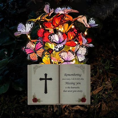 Solar Bible Cross Memorial Stake - Metal Silhouette Religious Grave Decoration for Cemetery - Flat Christian Cross Stake with Butterfly Lights - Cemetery Flower Decor for Grave, Sympathy Gift