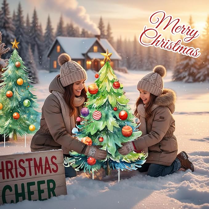 Geelin 2 Pcs Large Christmas Tree Sign Yard with Stake 2.62 ft Vintage Patio Lawn Decoration Outdoor Christmas Party Favor Ornament Garden Sign for Party Supplies(Watercolor Trees)