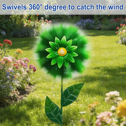 Metal Retro Flower Wind Spinner Art, Guangxie Yard Decorations Outdoor - 2 Pack for Outdoor, Patio, Backyard and Flower Bed Spring Decor (Yellow & Green)