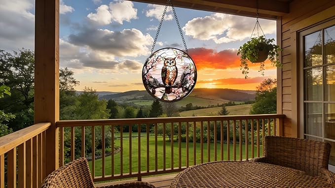 Stained Glass Window Hanging - The Owl is on The Branch of The Pine Tree 6.3 Inches Suncatcher for Garden Home Decor for Women Mon Grandma Friends