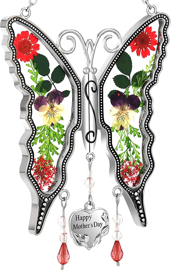 KY&BOSAM Gifts for Mom Butterfly Suncatcher Happy Mother's Day Stained Glass Sun Catchers for Windows Hanging Wind Chime Home Decor with Pressed Real Flowers and Heart Charm Gift for Women