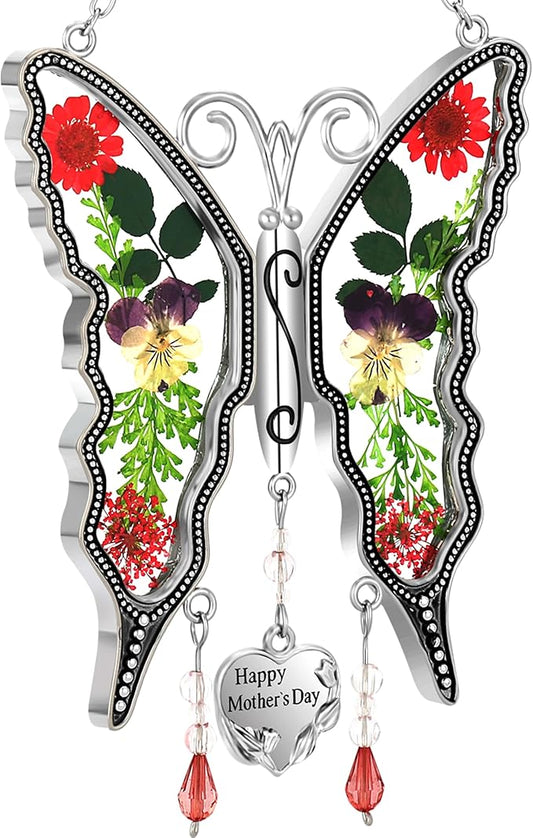 KY&BOSAM Gifts for Mom Butterfly Suncatcher Happy Mother's Day Stained Glass Sun Catchers for Windows Hanging Wind Chime Home Decor with Pressed Real Flowers and Heart Charm Gift for Women