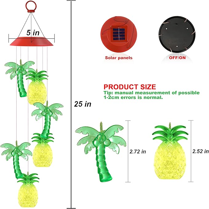 Solawindchime Coconut Tree Pineapple Wind Chimes Gifts for Women, Color Changing Solar Wind Chime Outdoor Waterproof Solar Lights, Romantic Coconut Pineapple Solar Powered Wind Chime Garden Decoration