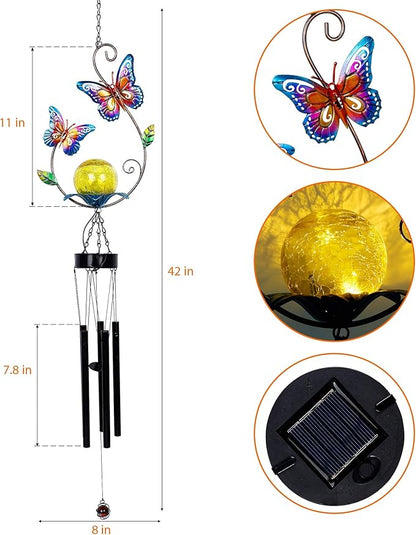 MAGGIFT 2 Pack Solar Outdoor Wind Chimes, Metal Butterfly & Hummingbird Wind Chime with Warm White LED Globe Glass, Mobile Hanging Decorative Patio Lights for Yard Garden, Gifts for Mom Women Wife