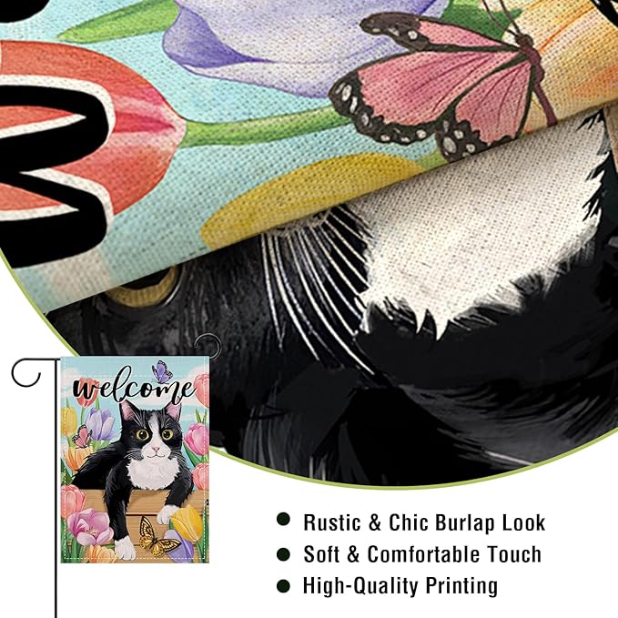 Artofy Welcome Spring Summer Tuxedo Cat Small Decorative Garden Flag, Tulip Flower Butterfly Yard Lawn Outside Decor Pet Lover Gift, Seasonal Floral Burlap Outdoor Home Decoration Double Sided 12 x 18