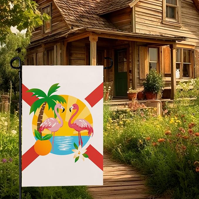 Florida Garden Flag Outdoor with Flamingos Palm Tree Orange Blossom Sunset Tropical Beach Scene House Banner Welcome Summer Spring Yard Porch Patio Seasonal Decoration Miami Vibes 12x18 Inch