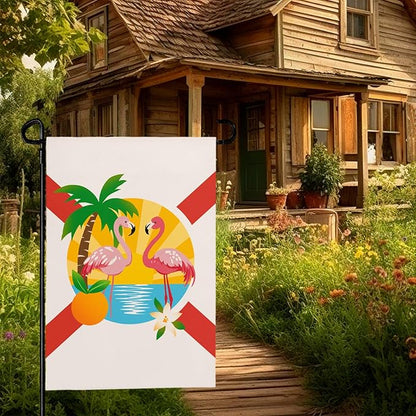 Florida Garden Flag Outdoor with Flamingos Palm Tree Orange Blossom Sunset Tropical Beach Scene House Banner Welcome Summer Spring Yard Porch Patio Seasonal Decoration Miami Vibes 12x18 Inch