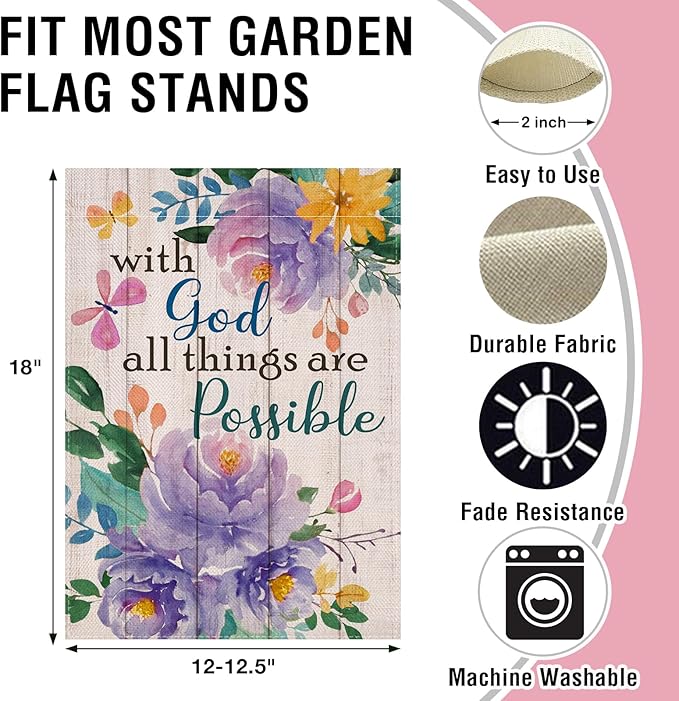 Artofy with God All Things are Possible Christian Small Decorative Garden Flag, Spring Summer Religious Purple Peony Flower Yard Outside Decor, Inspirational Farmhouse Outdoor Home Decoration 12 x 18
