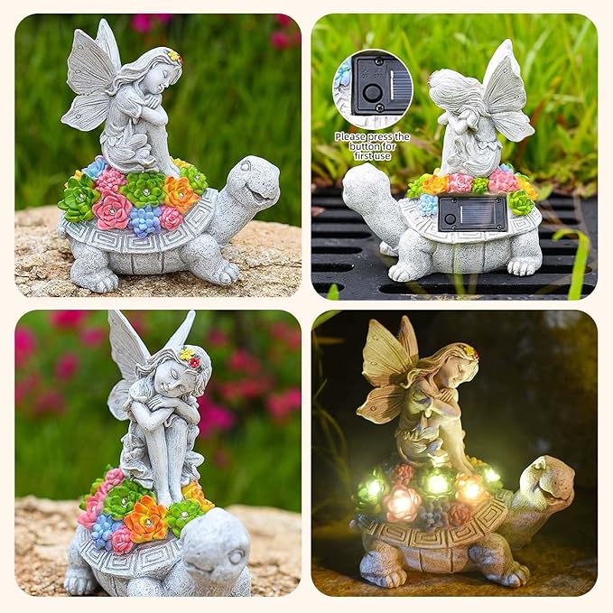 Garden Decor Solar Statue Lights, Outdoor Resin Turtle and Angel Statues, Turtle Figurine for Patio Lawn Front Porch Yard Decoration - Housewarming Birthday Gifts for Mom Grandma Women